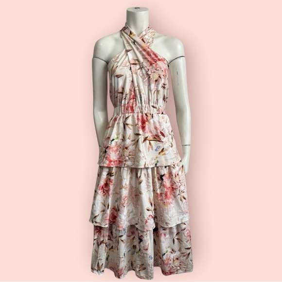 EXPRESS linen halter midi dress cream pink romantic crossover sexy tiered medium - Picture 1 of 16